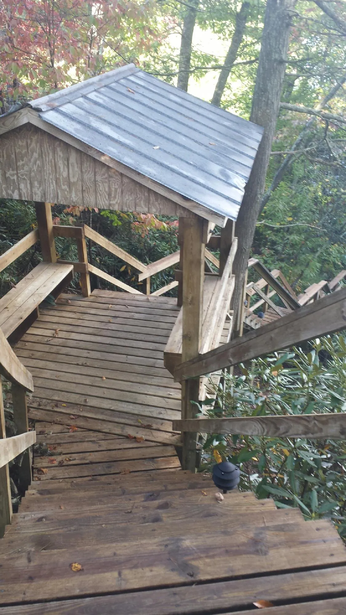Metal roofed shelter over wooden steps on a wooded walkway — Skylight Repair & Installation work by our crew in Weaverville